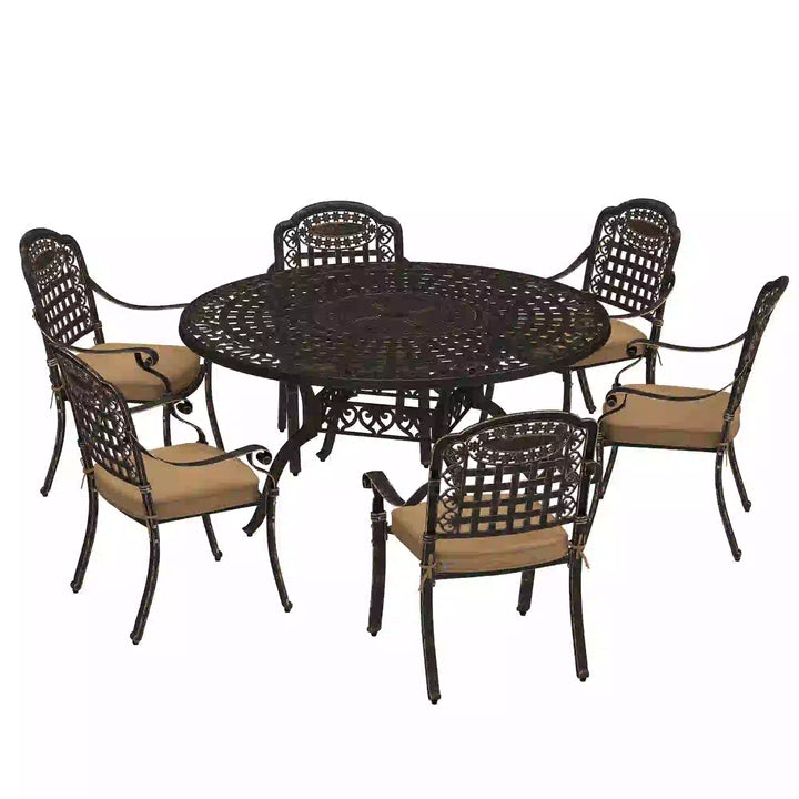 7pc Cast Aluminum Round Dining Table Set w 6 Chairs, Cushions, Outdoor Patio, Bronze Brown, Beige