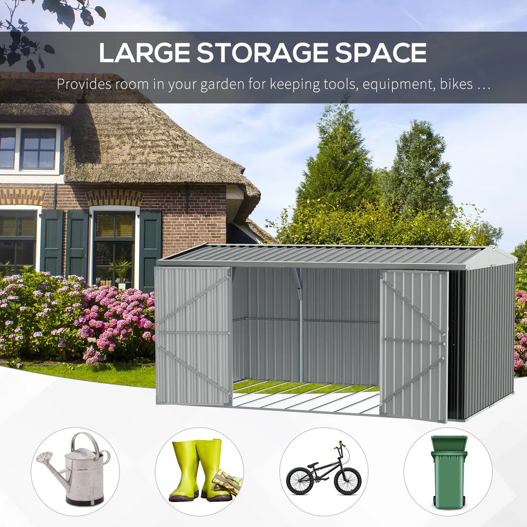 14' x 8' Large Galv Steel Outdoor Tool Bike Storage Shed w Double Swing Doors, Patio Garden, Grey