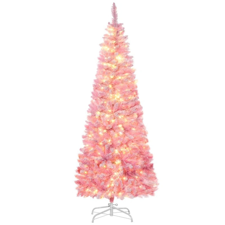 6ft 500-Tip Pre-lit Lush Slim Artificial Pencil Christmas Holiday Tree w 250 LED Lights, Pink