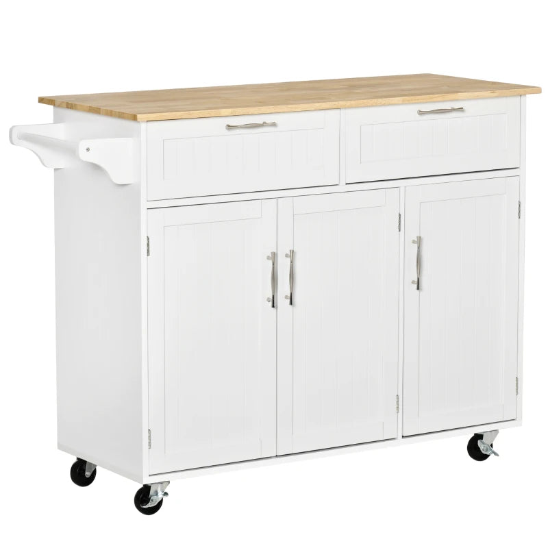 Modern Rolling Kitchen Island Storage Cart Cabinet Sideboard w Drawers, Natural Wood Top, White