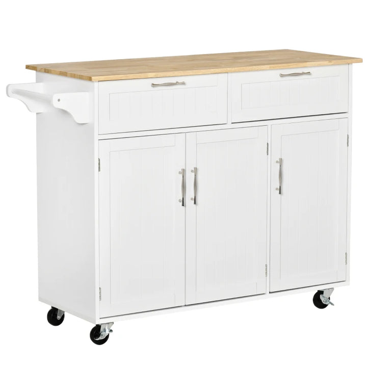 Modern Rolling Kitchen Island Storage Cart Cabinet Sideboard w Drawers, Natural Wood Top, White