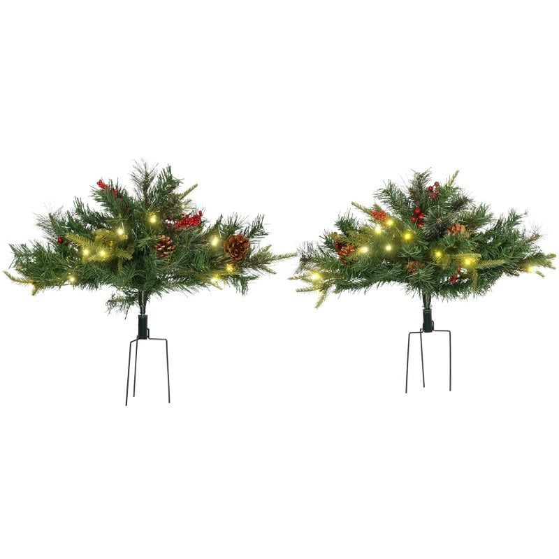 2pc 1.5ft Pre-lit Artificial Christmas Holiday Tree Planter Bush w/ Pinecones, Berries - Green