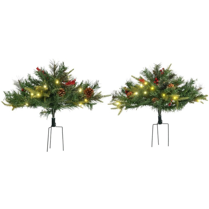 2pc 1.5ft Pre-lit Artificial Christmas Holiday Tree Planter Bush w/ Pinecones, Berries - Green