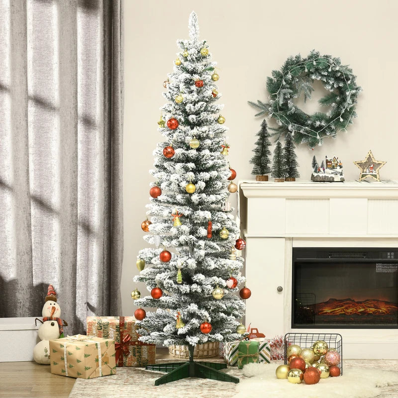 NEW 6ft 390-Tip Unlit Snow Flocked Slim Pencil Artificial Christmas Holiday Fake Xmas Tree, Green