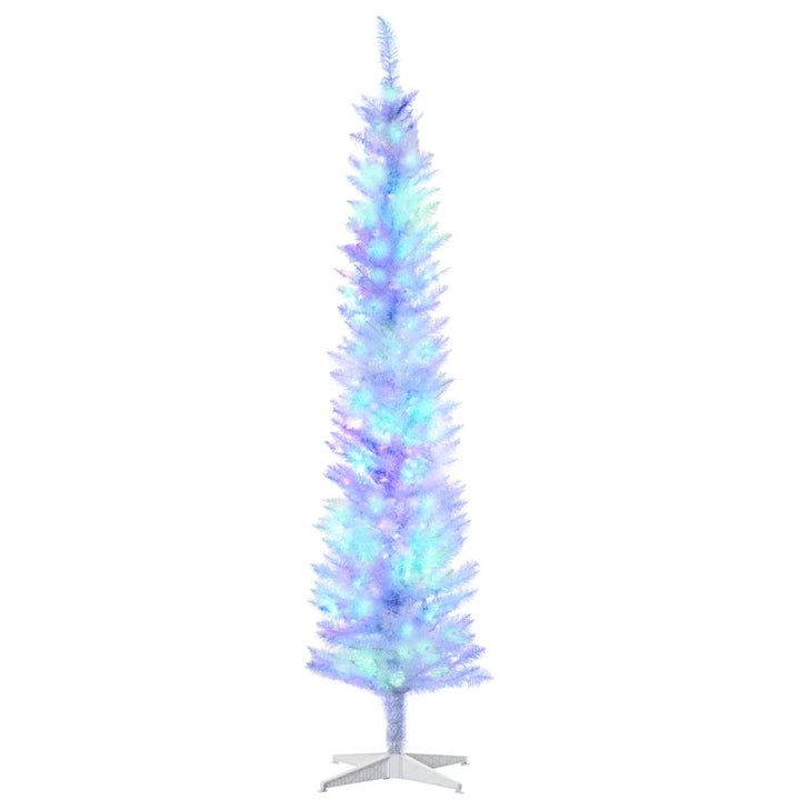 7ft Pre-lit Ultra Slim Pencil Christmas Holiday Tree w 250 Multicolour Lights, Iridescent White
