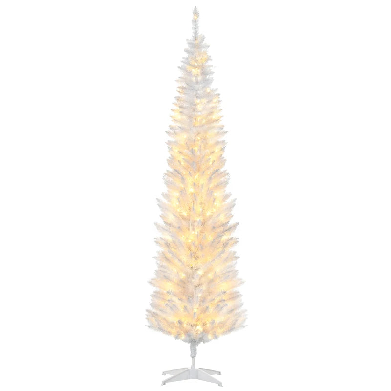 7ft 499-Tip Prelit Slim Pencil Artificial Christmas Holiday Tree, 200 Warm Lights, Xmas White