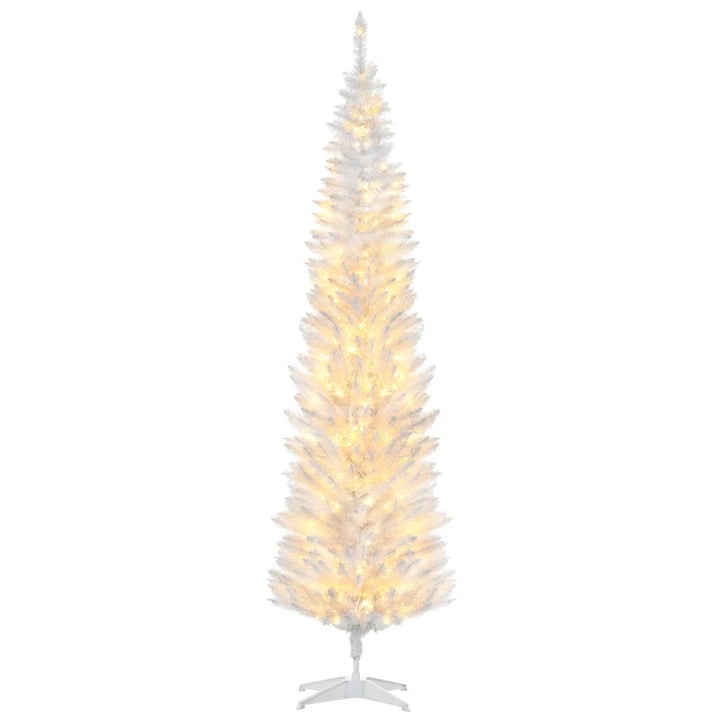 7ft 499-Tip Prelit Slim Pencil Artificial Christmas Holiday Tree, 200 Warm Lights, Xmas White