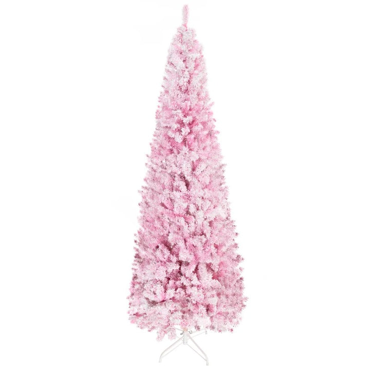 7.5ft 800-Tip Snow Flocked Unlit Artificial Pencil Christmas Holiday Tree, Xmas Decor, Pink