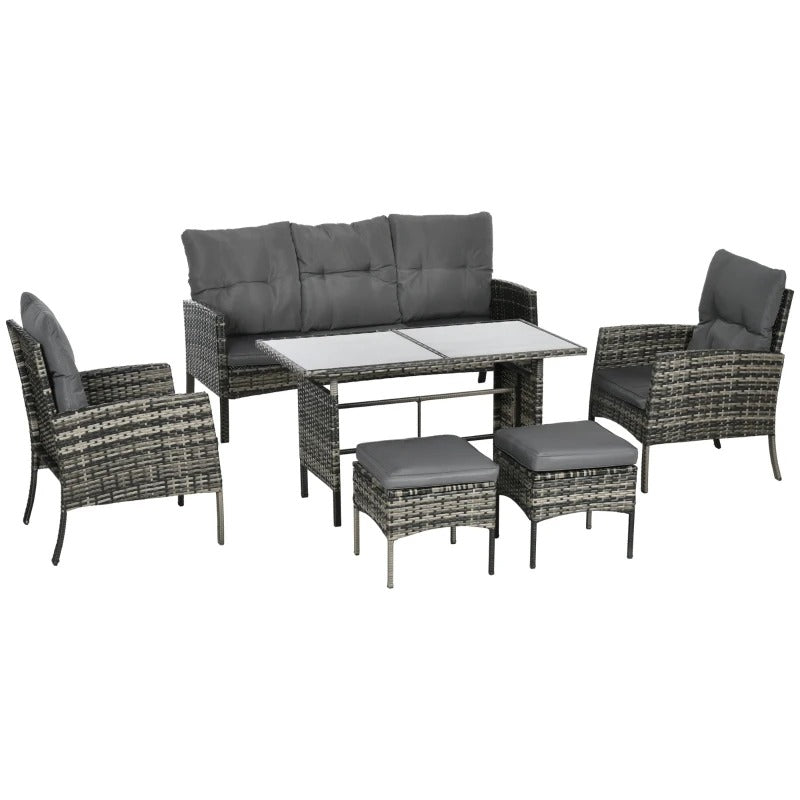 6pc PE Rattan Wicker Outdoor Dining Table Patio Sofa Furniture Set w/ Cushions, Ottomans, Grey
