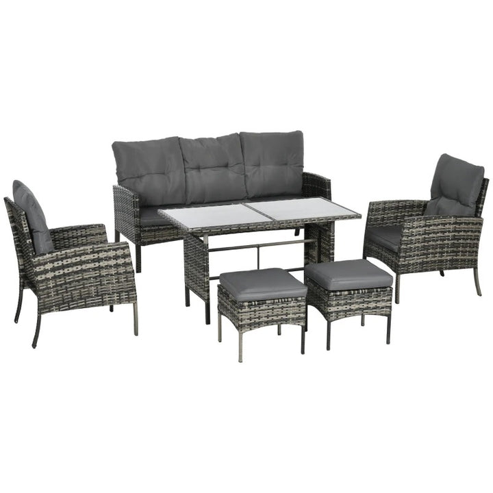 6pc PE Rattan Wicker Outdoor Dining Table Patio Sofa Furniture Set w/ Cushions, Ottomans, Grey
