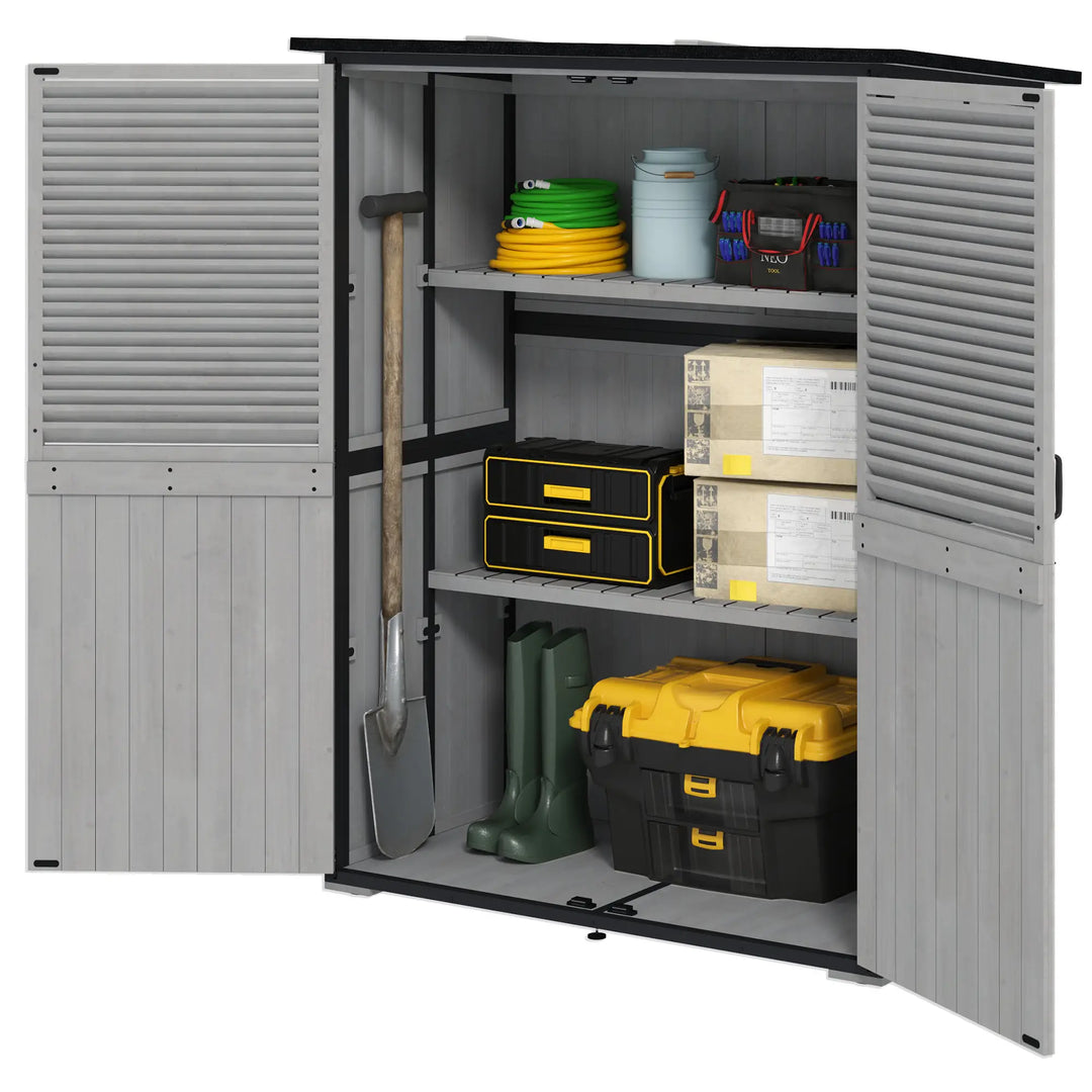 55"L x 29"W x 63"H Outdoor Storage Shed Cabinet w Shelves, Asphalt Roof, 2 Doors, Fir Wood, Grey