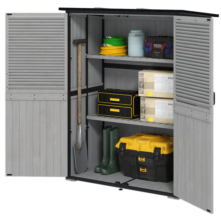 55"L x 29"W x 63"H Outdoor Storage Shed Cabinet w Shelves, Asphalt Roof, 2 Doors, Fir Wood, Grey