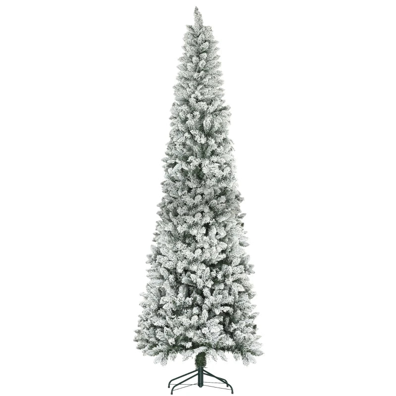 9ft Tall 1277-Tip Unlit Snow Flocked Slim Artificial Pencil Christmas Holiday Xmas Tree, Green