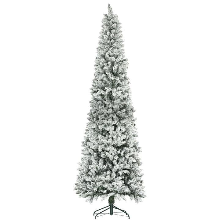 9ft Tall 1277-Tip Unlit Snow Flocked Slim Artificial Pencil Christmas Holiday Xmas Tree, Green