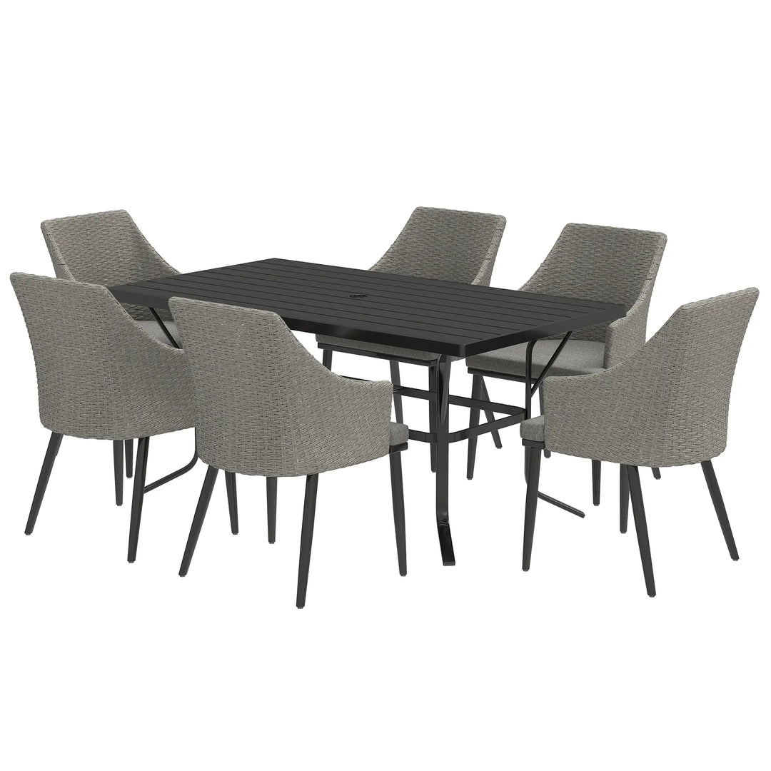 7pc, 6 Seat Chic Outdoor Patio Dining Set w Steel Slatted Table, Rattan Chairs, Umbrella Hole, Grey