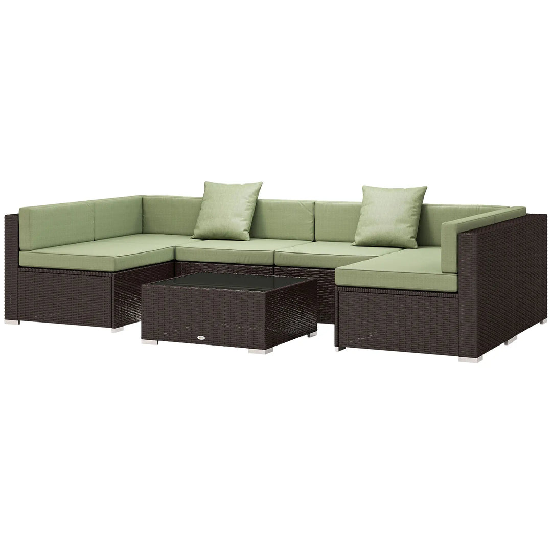 7pc 6-Seat Rattan Wicker Sectional Conversation Set w Cushions Outdoor Patio, Dk Brown, Light Green