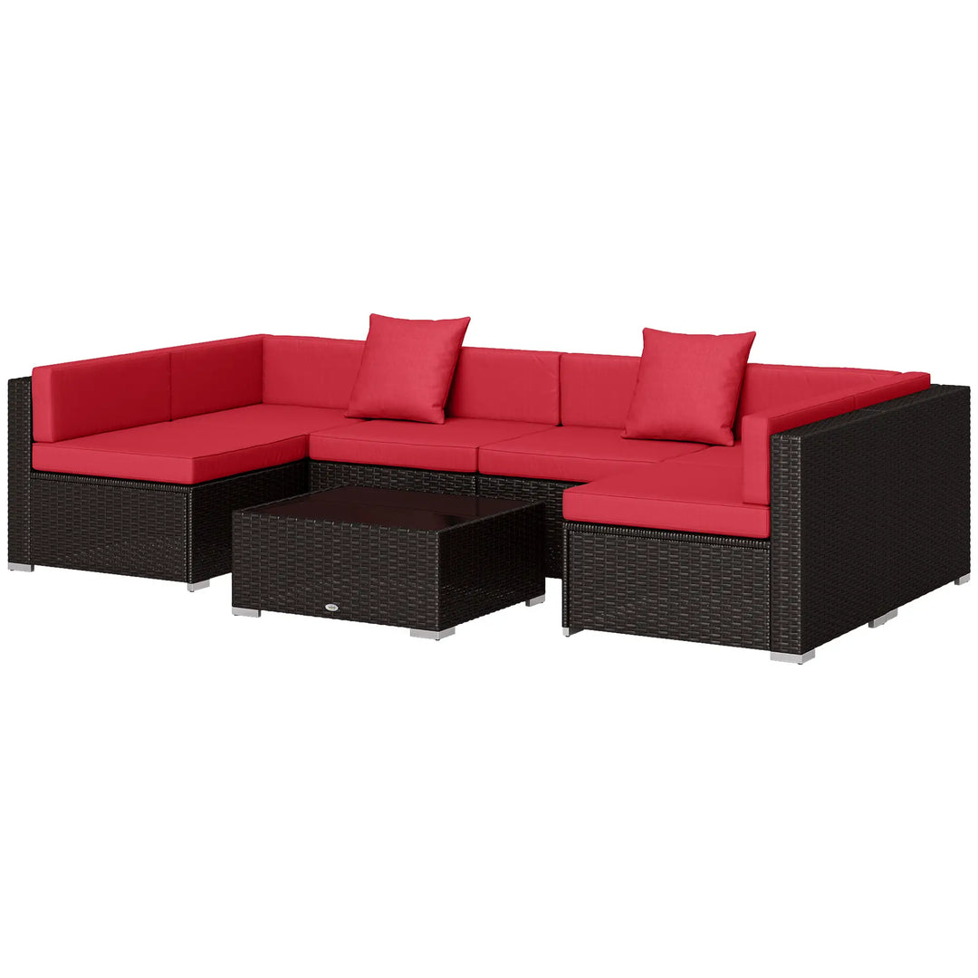 7pc 6-Seat Rattan Wicker Sectional Conversation Sofa Set w Cushions Outdoor Patio, Wine Red, Brown