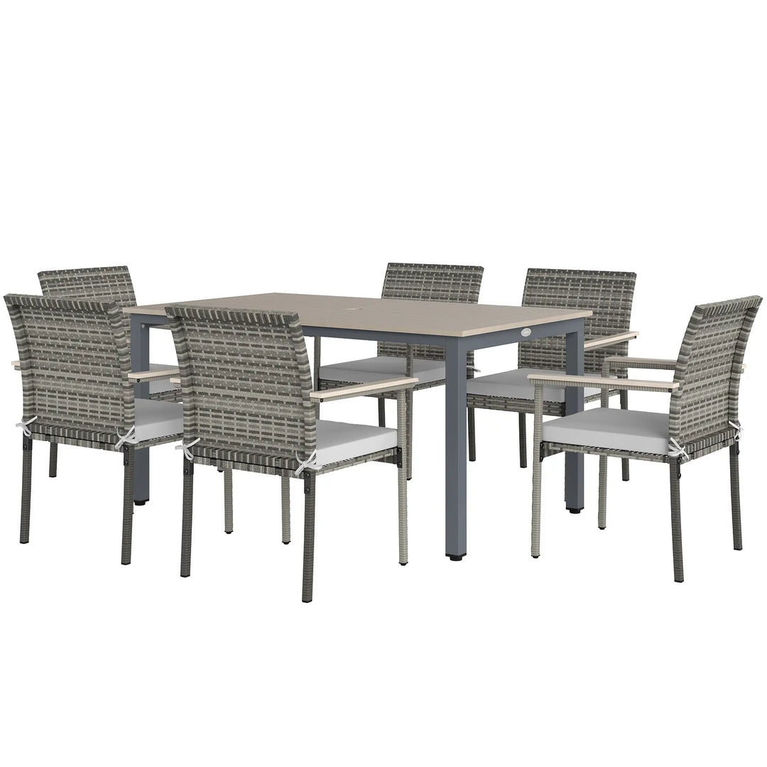 7pc, 6-Seat Rattan Wicker Compact Dining Set w Wood Tabletop, Cushions for Outdoor Deck Patio, Grey