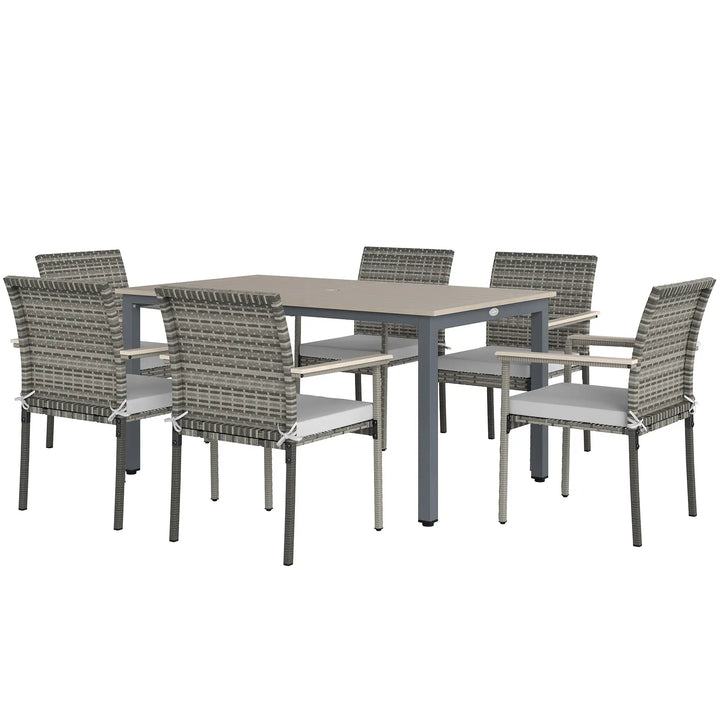7pc, 6-Seat Rattan Wicker Compact Dining Set w Wood Tabletop, Cushions for Outdoor Deck Patio, Grey