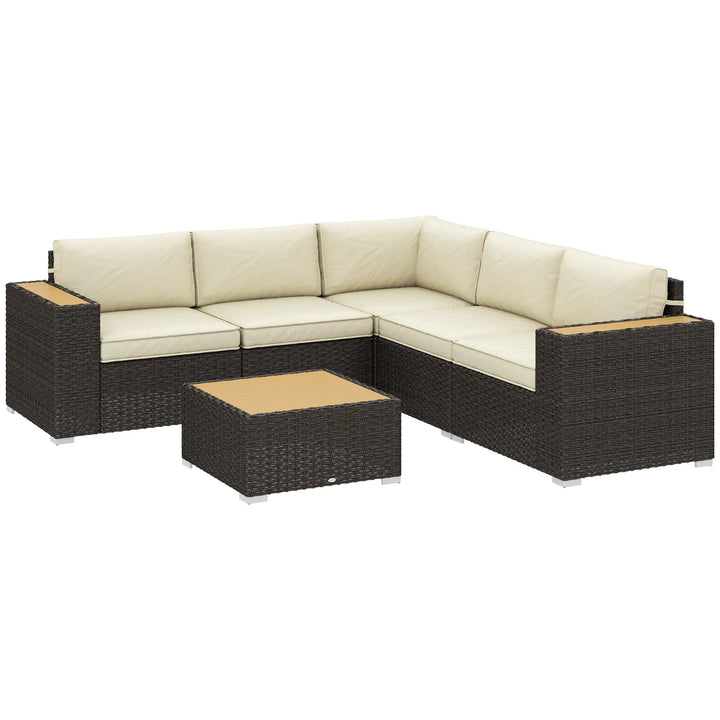 6pc 5-Seat Premium L-Shape PE Rattan Wicker Sectional Conversation Patio Set, Brown, Cream Beige