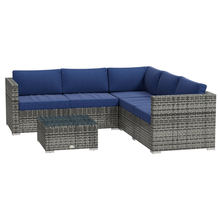4pc L-Shape PE Rattan Wicker Corner Sectional Outdoor Patio Furniture Set, Cushions, Navy Blue Grey