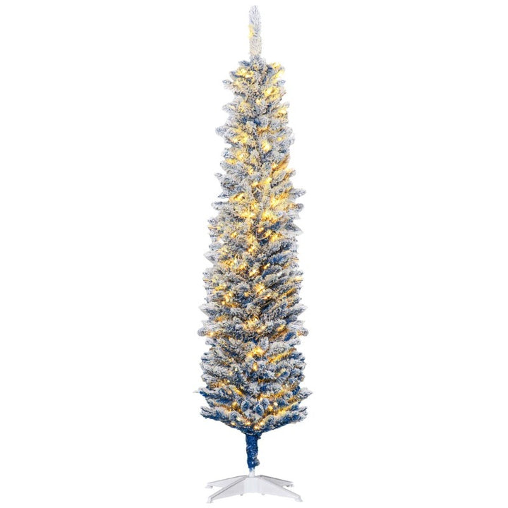 6ft 360-Tip Pre-lit Snow Flocked Artificial Pencil Christmas Holiday Tree, 200 LED Lights, Blue