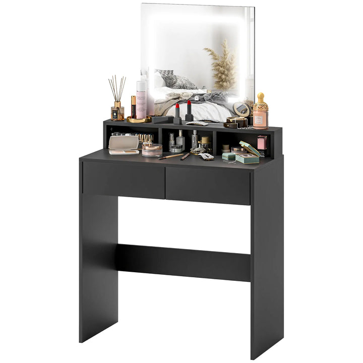 Compact Illuminated Vanity Makeup Dressing Bedroom Table w Square LED Mirror, Drawers, Black