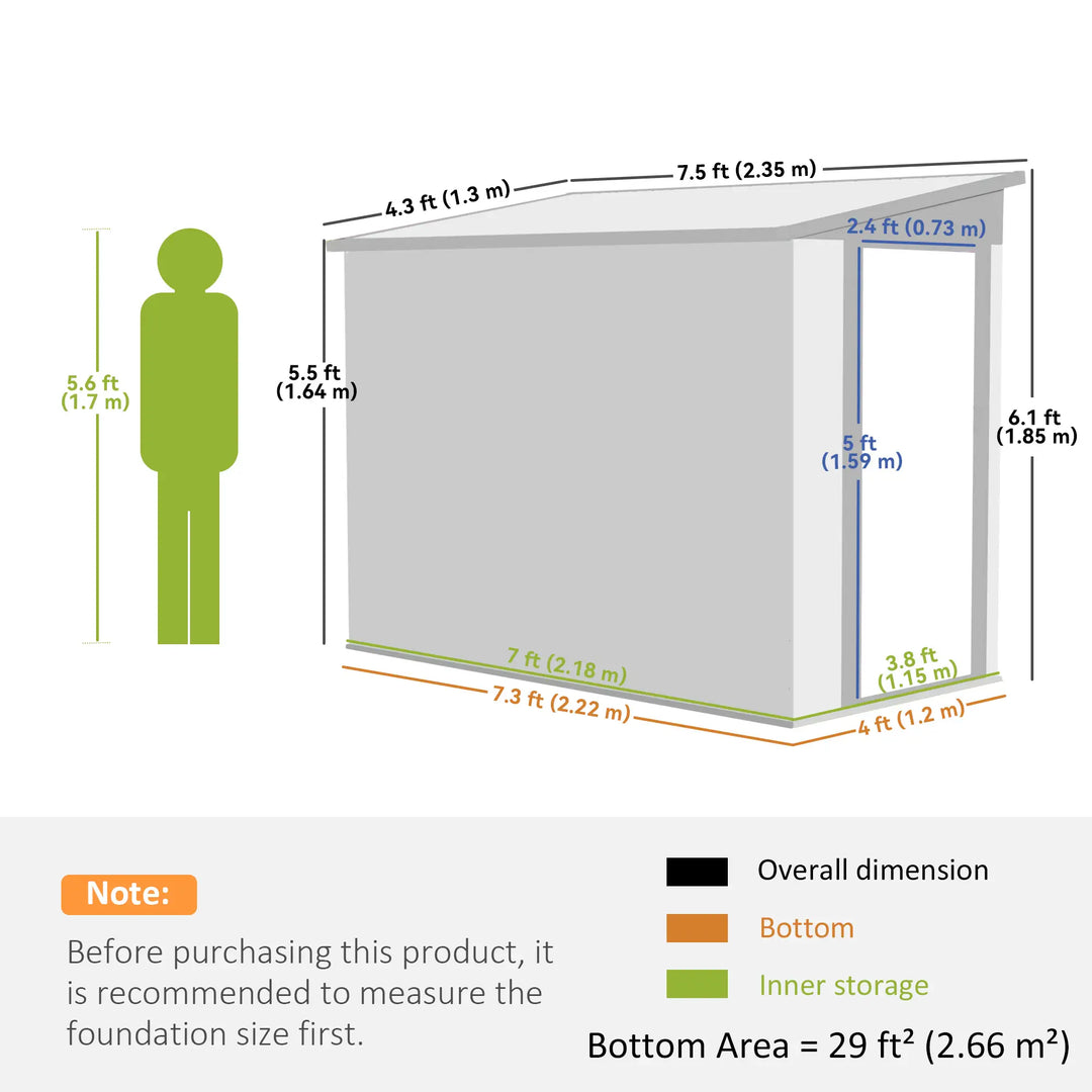 8' x 4' Outdoor Lean To Steel Storage Garden Shed Tool Organizer w Swing Door, Vents, Light Grey