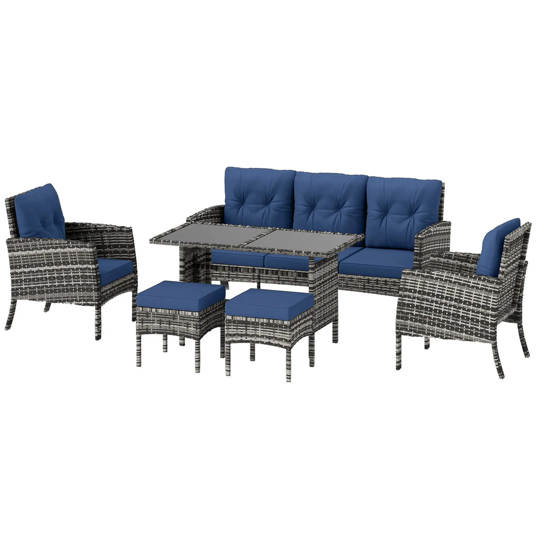 6pc PE Rattan Wicker Outdoor Dining Table Patio Sofa Furniture Set w Cushions, Ottomans, Blue, Grey