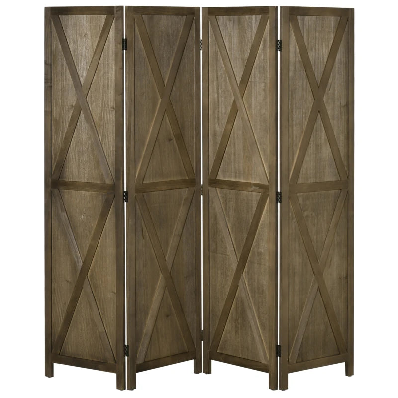 4-Panel Farmhouse Wood Room Divider Privacy Screen Partition w Barndoor Design, Rustic Brown