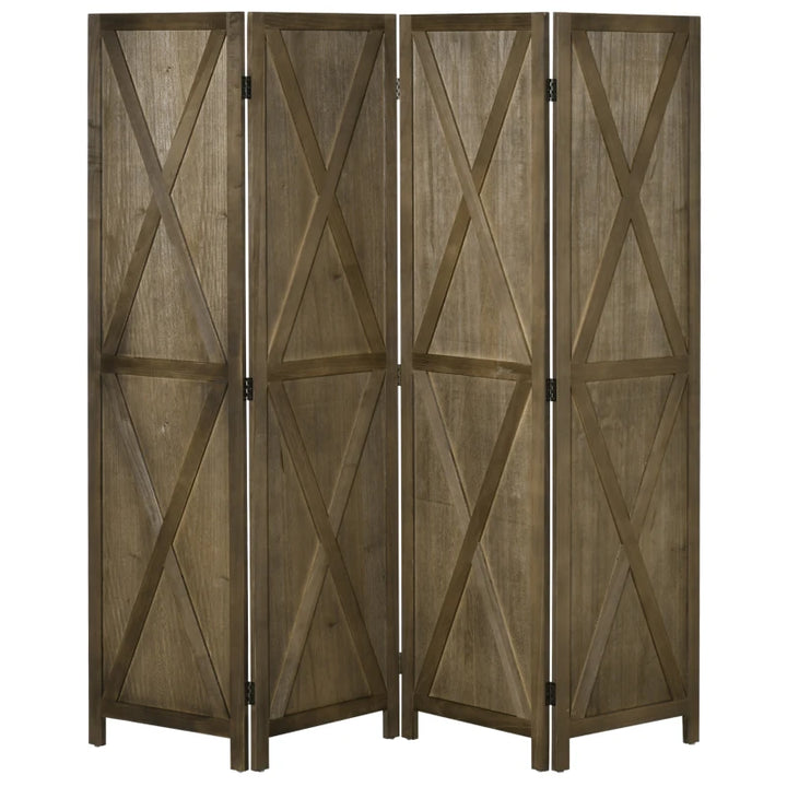 4-Panel Farmhouse Wood Room Divider Privacy Screen Partition w Barndoor Design, Rustic Brown