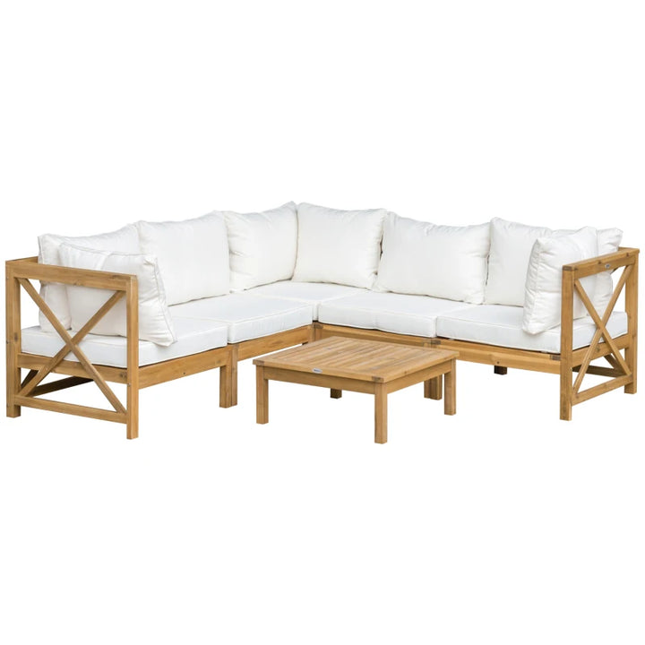 6pc L-Shape Boho Acacia Wood Sofa Conversation Set w Cushions for Outdoor Patio, Cream White
