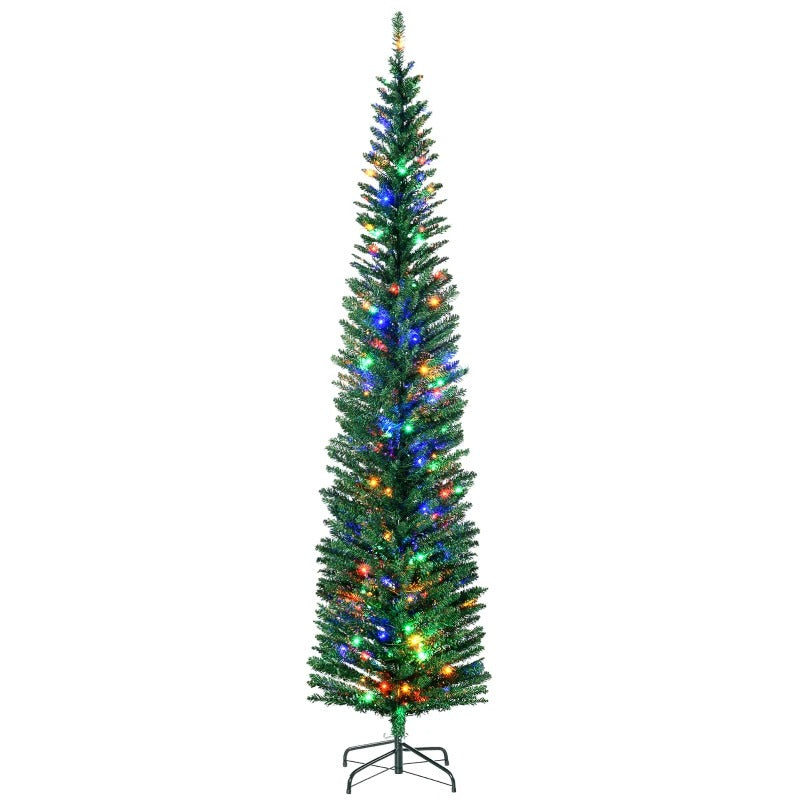7.5ft Pre-lit Ultra Slim Pencil Faux Christmas Holiday Tree w 200 Multicolour LED Lights, Green
