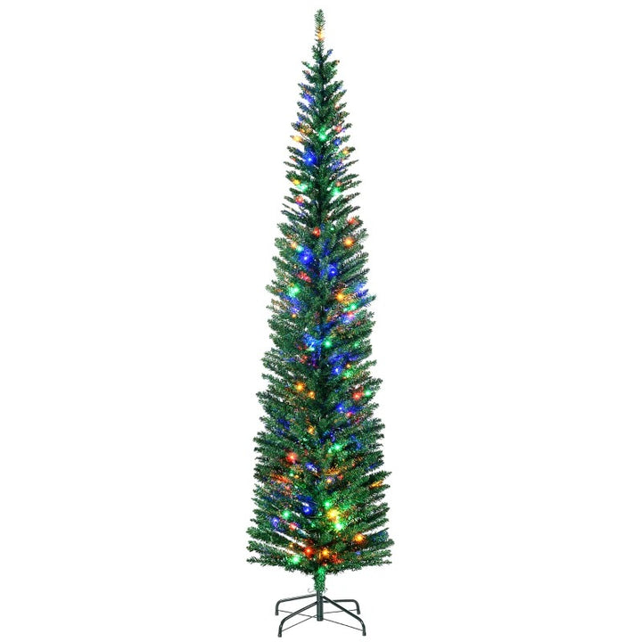 7.5ft Pre-lit Ultra Slim Pencil Faux Christmas Holiday Tree w 200 Multicolour LED Lights, Green