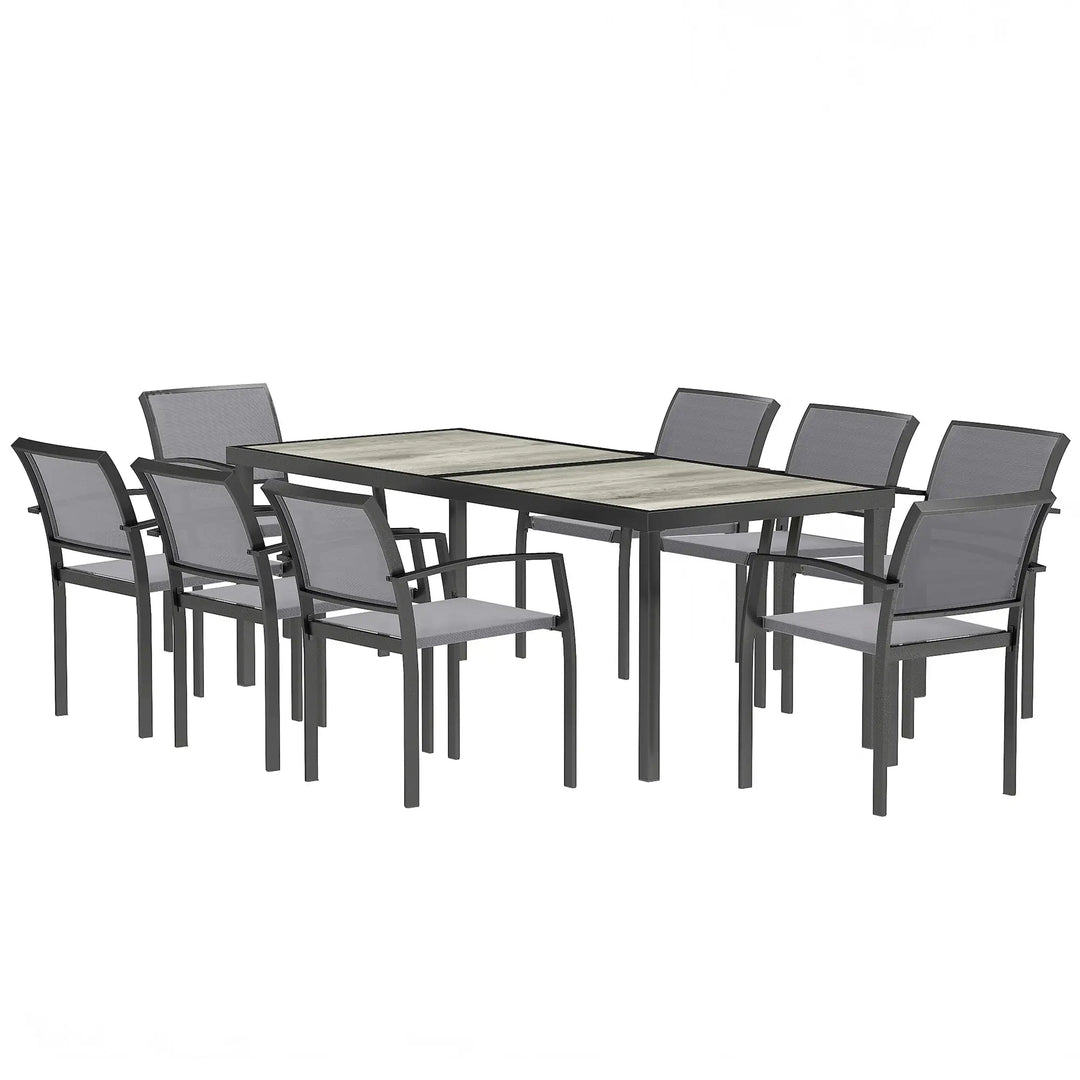 9pc 8-Seat Steel Outdoor Dining Set w Composite Tabletop, 8 Stackable Chairs for Garden Patio, Grey