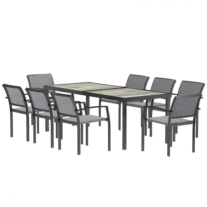 9pc 8-Seat Steel Outdoor Dining Set w Composite Tabletop, 8 Stackable Chairs for Garden Patio, Grey
