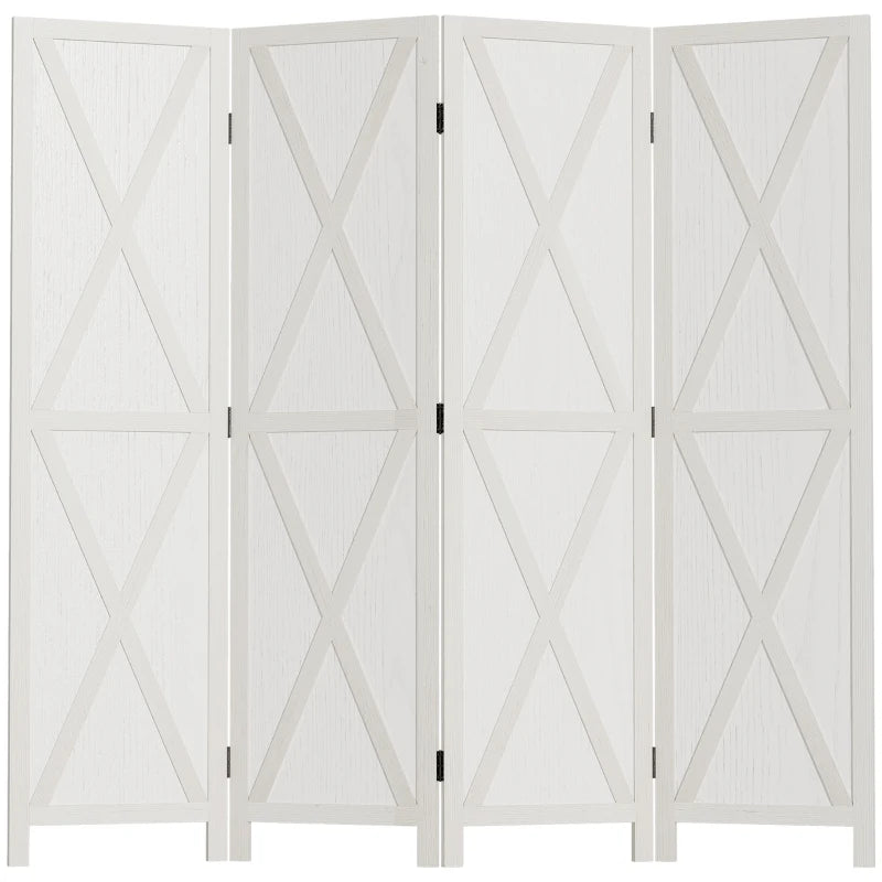 4-Panel Farmhouse Wooden Room Divider Privacy Screen Partition w Barndoor Design, Rustic White