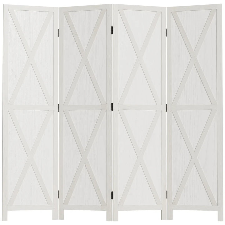 4-Panel Farmhouse Wooden Room Divider Privacy Screen Partition w Barndoor Design, Rustic White
