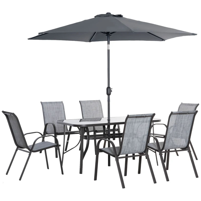 8pc Outdoor Dining Patio Set, 6 Sling Armchairs Glass Table, 8.5' Tilting Umbrella Canopy, Grey