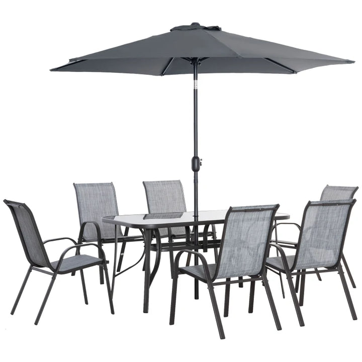 8pc Outdoor Dining Patio Set, 6 Sling Armchairs Glass Table, 8.5' Tilting Umbrella Canopy, Grey