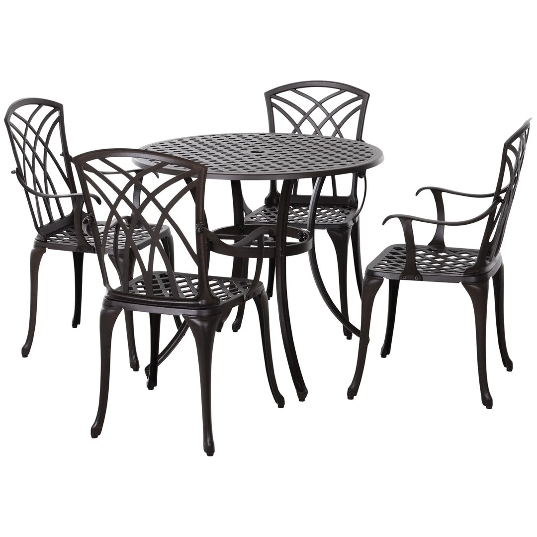 5pc Modern Cast Aluminum Round Bistro Table & Chair Outdoor Dining Set for Garden Patio, Dark Brown