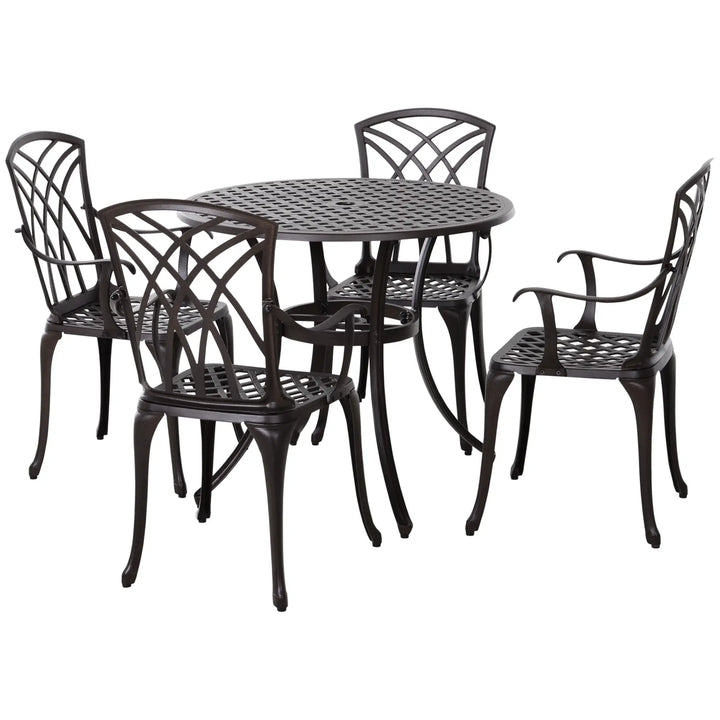 5pc Modern Cast Aluminum Round Bistro Table & Chair Outdoor Dining Set for Garden Patio, Dark Brown