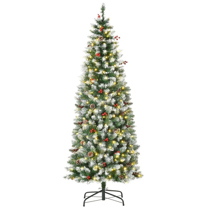 NEW 6ft 618-Tip Pre-lit Snow Tipped Artificial Pencil Christmas Holiday Tree w 300 LED Lights Green