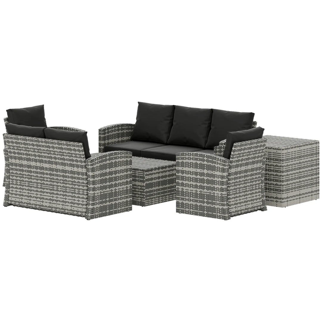 6pc 7-Seat Premium PE Rattan Wicker Conversation Outdoor Patio Set, Cushions & Storage, Grey, Black