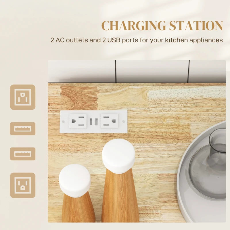 Electric Kitchen Island Cart w Power & USB Port, Drop-leaf Countertop w Wheels, Wood Top, White