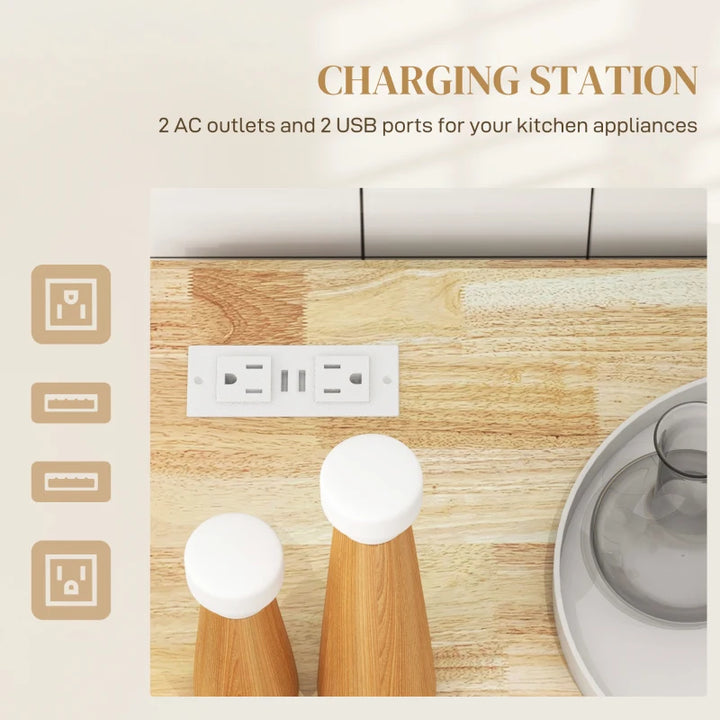 Electric Kitchen Island Cart w Power & USB Port, Drop-leaf Countertop w Wheels, Wood Top, White