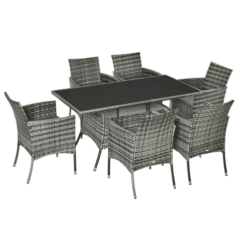 7pc PE Rattan Wicker Dining Set w 6 Arm Chairs & Glass Table Top, Outdoor Patio, Mixed Grey
