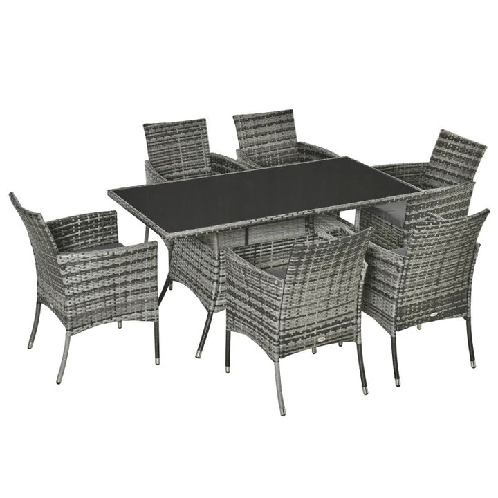 7pc PE Rattan Wicker Dining Set w 6 Arm Chairs & Glass Table Top, Outdoor Patio, Mixed Grey