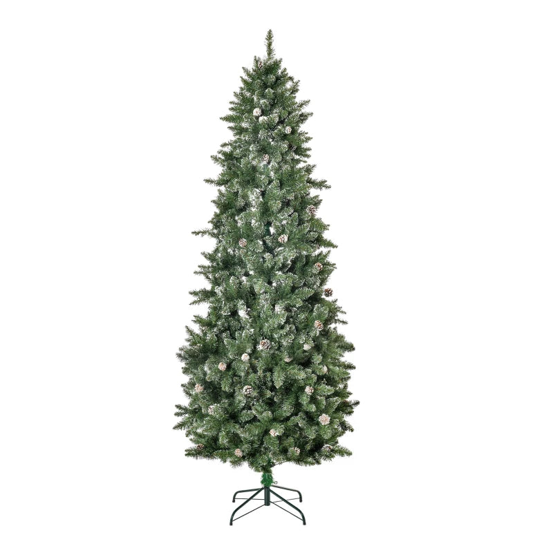 7.5ft 1119-Tip Unlit Slim Artificial Christmas Holiday Tree w Pine Cones, Snowy Tips Xmas Green