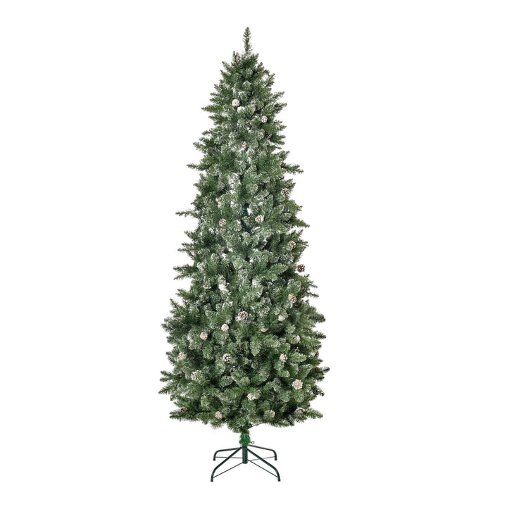 7.5ft 1119-Tip Unlit Slim Artificial Christmas Holiday Tree w Pine Cones, Snowy Tips Xmas Green